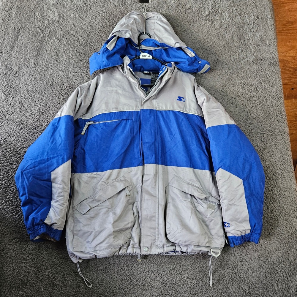 Starter Mens L Jacket Hooded Winter‎ Puffer Down Feather Gray Blue